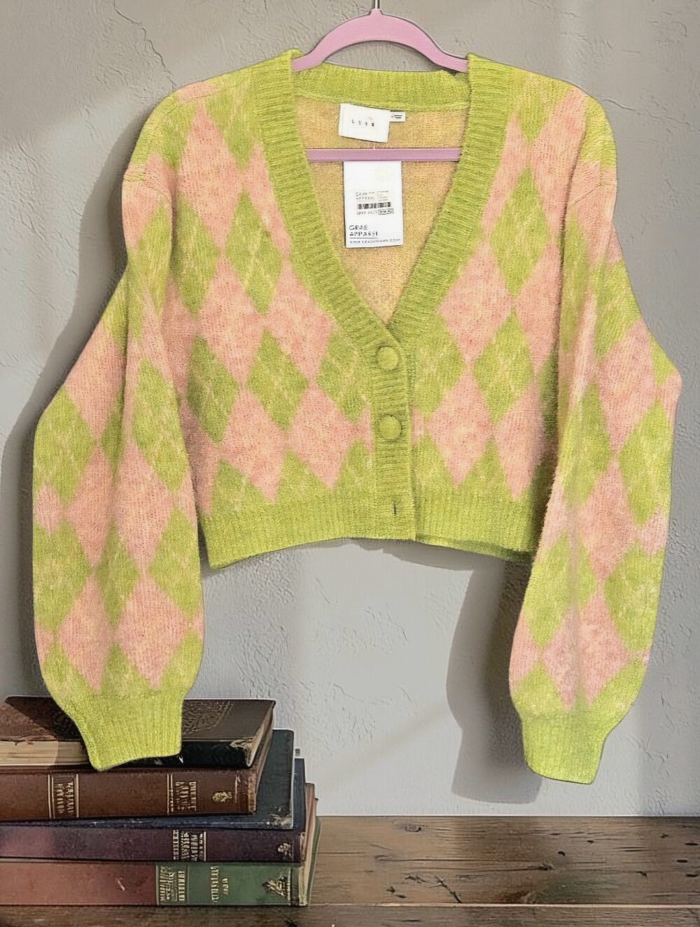 Lush Grae Apparel Preppy Argyle Cropped Cardigan Sweater Soft Pink Green M /NWT